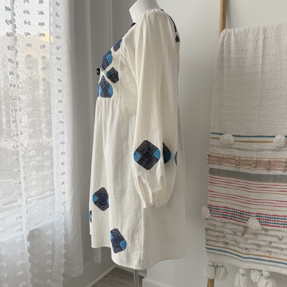 Figue Lucie White Blue Embroidered Pom Pom Long Balloon Sleeves Boho Mini Dress - Picture 6 of 13